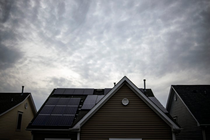 Solar panels on the roof of a house in Rockville, Maryland. 