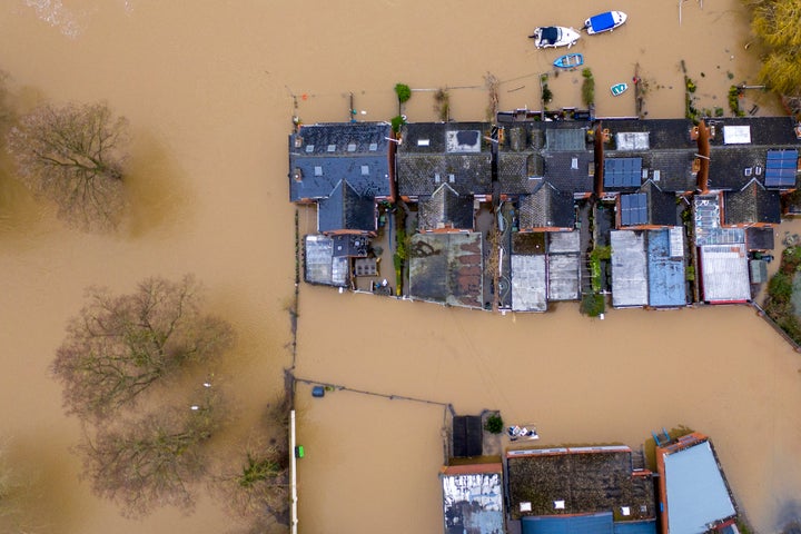 Flooded homes on the banks of the River Severn following Storm Dennis on February 19, 2020, in Worcester.