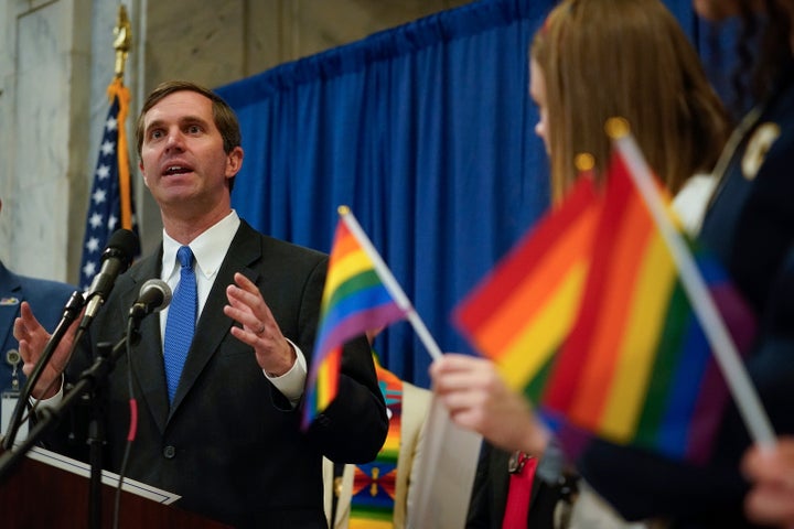 Kentucky Gov. Andy Beshear speaks at a Feb. 19 rally held by Fairness Campaign to advance LGBTQ rights. 