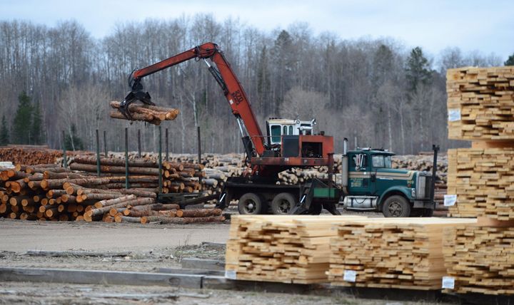 Logs are unloaded at Murray Brothers Lumber Company woodlot in Madawaska, Ont. on April 25, 2017. 