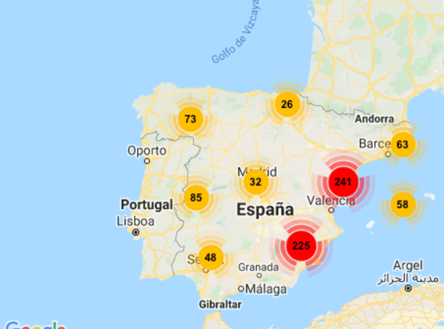 Mapa de supermercados Spar en España.