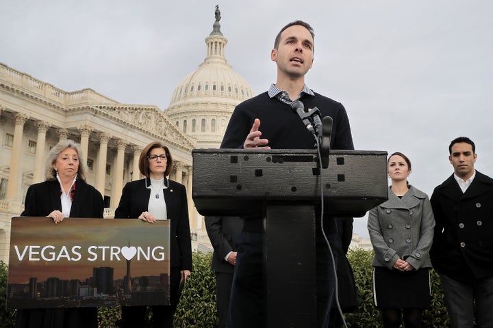 Vegas shooting survivor Robert Gaafar speaks during a news conference with (L-R) Rep. Dina Titus (D-Nev.), Sen. Catherine Cortez Masto (D-Nev.) and fellow survivors Maisie Devine and Jason Sherman outside the U.S. Capitol Nov. 1, 2017 in Washington, D.C.
