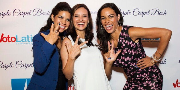 CHARLOTTE, NC - SEPTEMBER 05: (L-R) America Ferrera, Maria Teresa Kumar, and Rosario Dawson attend Voto Latino's Purple Carpet Bash at All American Pub on September 5, 2012 in Charlotte, North Carolina. (Photo by Ken Charnock/Getty Images)