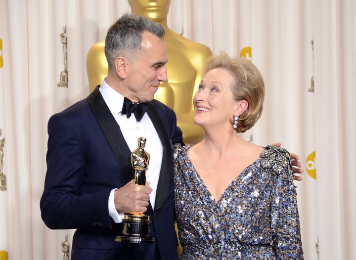 HOLLYWOOD, CA - FEBRUARY 24: Actor Daniel Day-Lewis, winner of the Best Actor award for 'Lincoln,' and presenter Meryl Streep pose in the press room during the Oscars held at Loews Hollywood Hotel on February 24, 2013 in Hollywood, California. (Photo by Jason Merritt/Getty Images)