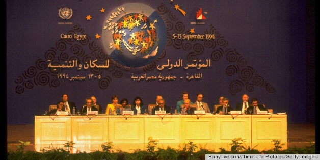 Egypt's Population Min. & ICPD pres. Maher Mahran (C) & conf. secy. gen. Nafis Sadik (3rd fr. L) at UN Intl. Conf. on Populat