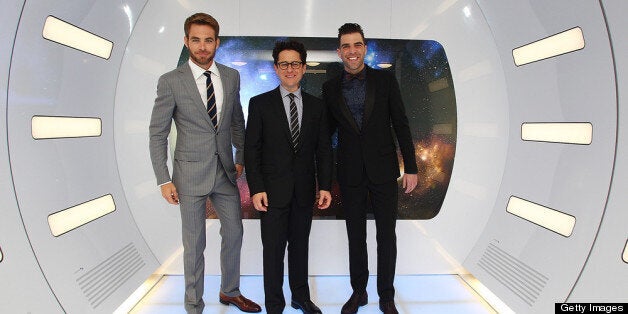 SYDNEY, AUSTRALIA - APRIL 23: (L-R) Chris Pine, Director J.J. Abrams and Zachary Quinto arrive at the 'Star Trek Into Darkne