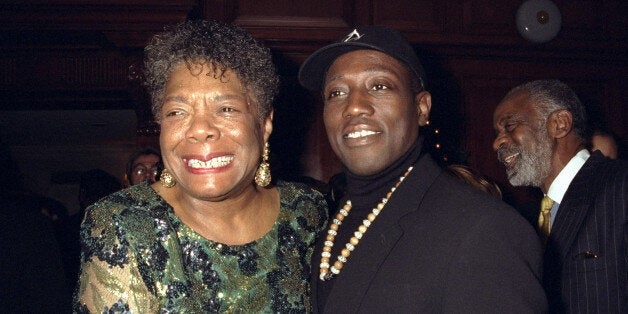 UNITED STATES - DECEMBER 07: Maya Angelou and actor Wesley Snipes at movie premier for 'Down In The Delta' party held at Laura Belles. (Photo by Richard Corkery/NY Daily News Archive via Getty Images)