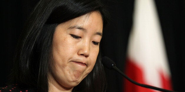 WASHINGTON - OCTOBER 13: District of Columbia Public Schools Chancellor Michelle Rhee pauses during a news conference October 13, 2010 at Mayflower Hotel in Washington, DC. Rhee has announced her decision to down from her position and Mayor Adrian Fenty has picked Deputy Public Schools Chancellor Kaya Henderson to become the interim chancellor. (Photo by Alex Wong/Getty Images)