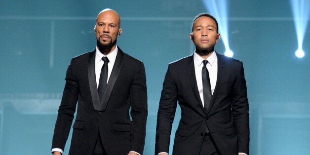 LOS ANGELES, CA - FEBRUARY 08: Rapper Common (L) and musician John Legend onstage during The 57th Annual GRAMMY Awards at th