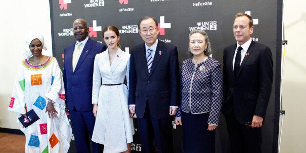 NEW YORK, NY - SEPTEMBER 20: (L-R) Under-Secretary-General and Executive Director of UN Women Phumzile Mlambo-Ngcuka, Ugandan Foreign Affairs Minister Sam Kutesa, UN Women Goodwill Ambassador Emma Watson, United Nations Secretary General Ban Ki-moon, Madam Yoo (Ban) Soon-taek, and actor Kiefer Sutherland attends the HeForShe campaign launch at the United Nations on September 20, 2014 in New York, New York. (Photo by Eduardo Munoz Alvarez/Getty Images)