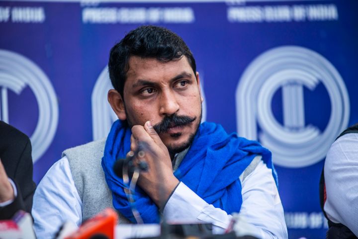 Bhim Army chief Chandrashekhar Azad speak to media during a press conference at the Press Club of India, on February 12, 2020 in New Delhi.