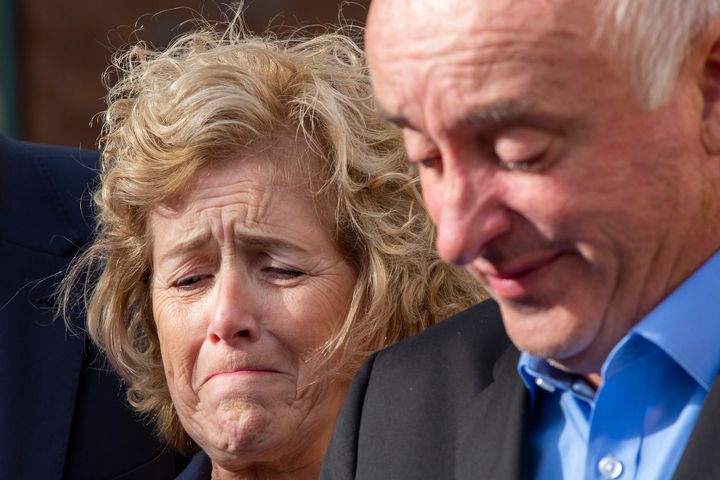 The parents of Grace Millane, David and Gillian Millane speak to media outside Auckland High Court on November 22, 2019 in Auckland, New Zealand.