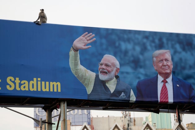 A hoarding welcoming U.S. President Donald Trump ahead of his visit to