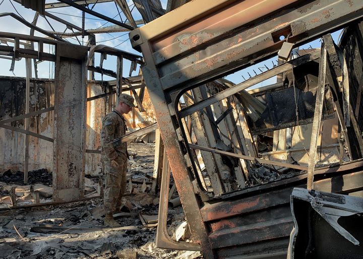 A picture taken on Jan. 13, 2020 during a press tour organized by the US-led coalition fighting the remnants of the Islamic State group, shows the damage at Ain al-Asad military airbase housing U.S. and other foreign troops in the western Iraqi province of Anbar.