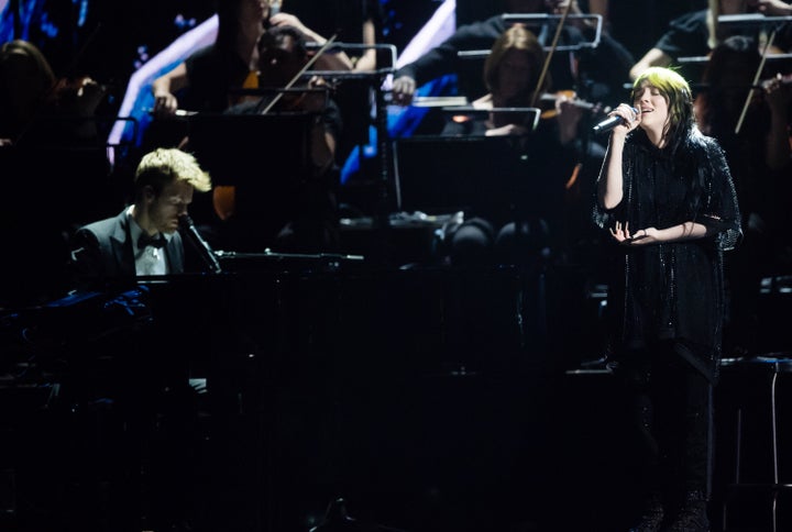 Billie and Finneas performing at the Brit Awards