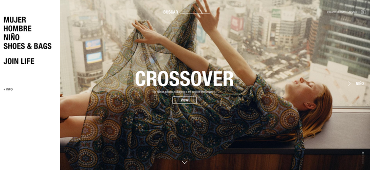 Portada de la web de Zara en la que se incluyen las secciones: Mujer, Hombre, Niño y Shoes&Bags, además de Join Life, la colección sostenible de la marca.