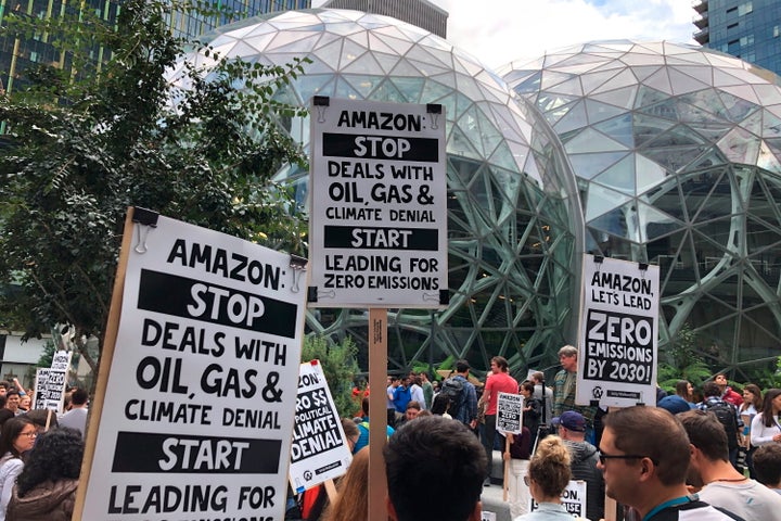 FILE - In this Sept. 20, 2019, file photo, Amazon workers participated in a climate strike in Seattle on Sept. 20, 2019. 