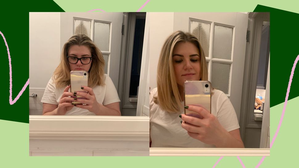 Why I chose to take mirror photos instead of selfies, I do not know. It was early and I was tired. On the right, you can see what 20 minutes with the Revlon One-Step can do.