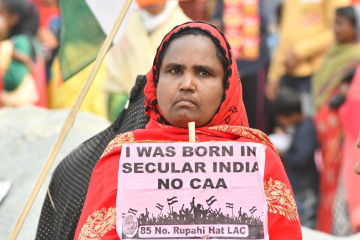 People protest against a new citizenship law at Rupahi in the Nagaon district of Assam, India, on Feb. 16, 2020.