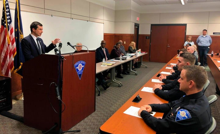 Pete Buttigieg addresses newly sworn-in police officers during a ceremony on June 19, 2019, at the South Bend Police Department.