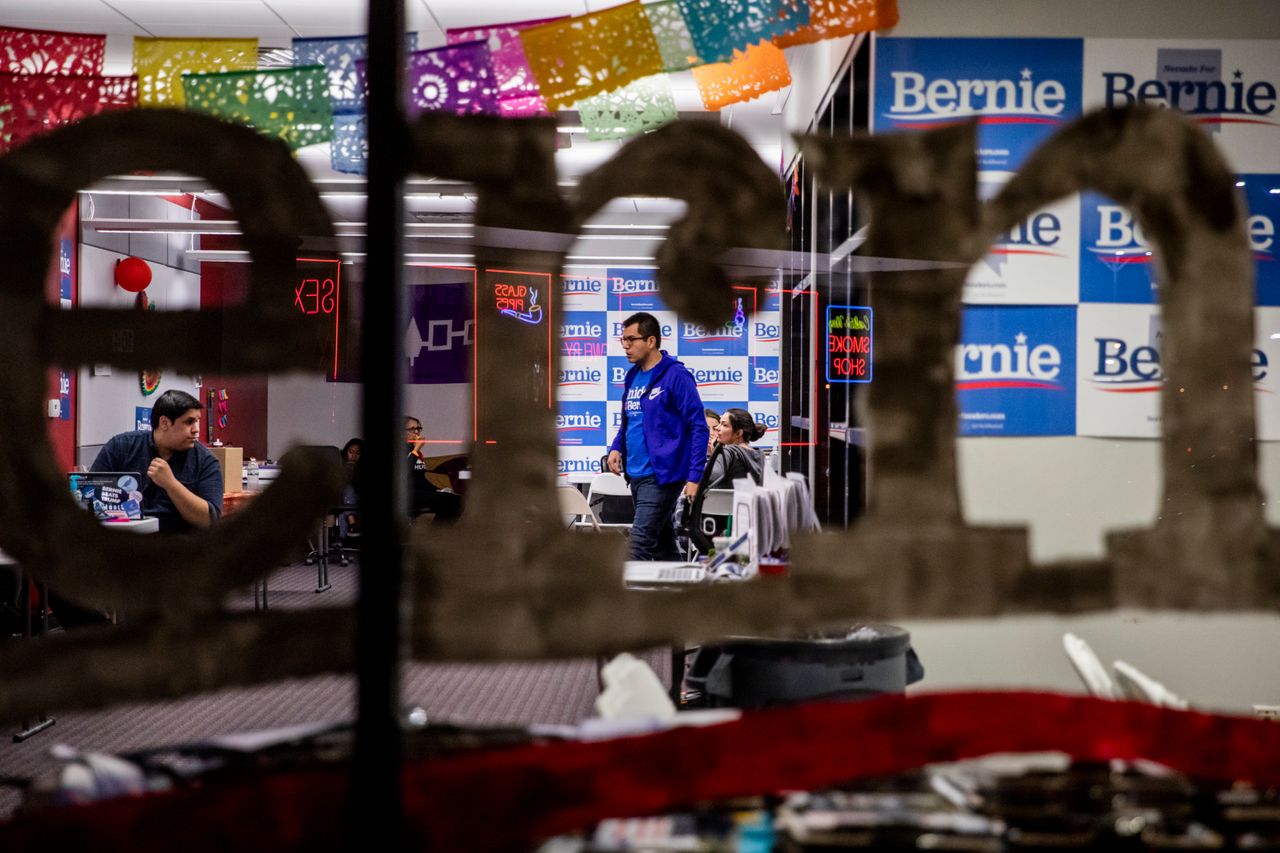 Volunteers for Sen. Bernie Sanders (I-Vt.) work late during the last day of early voting at their East Las Vegas headquarters before the Nevada caucuses.