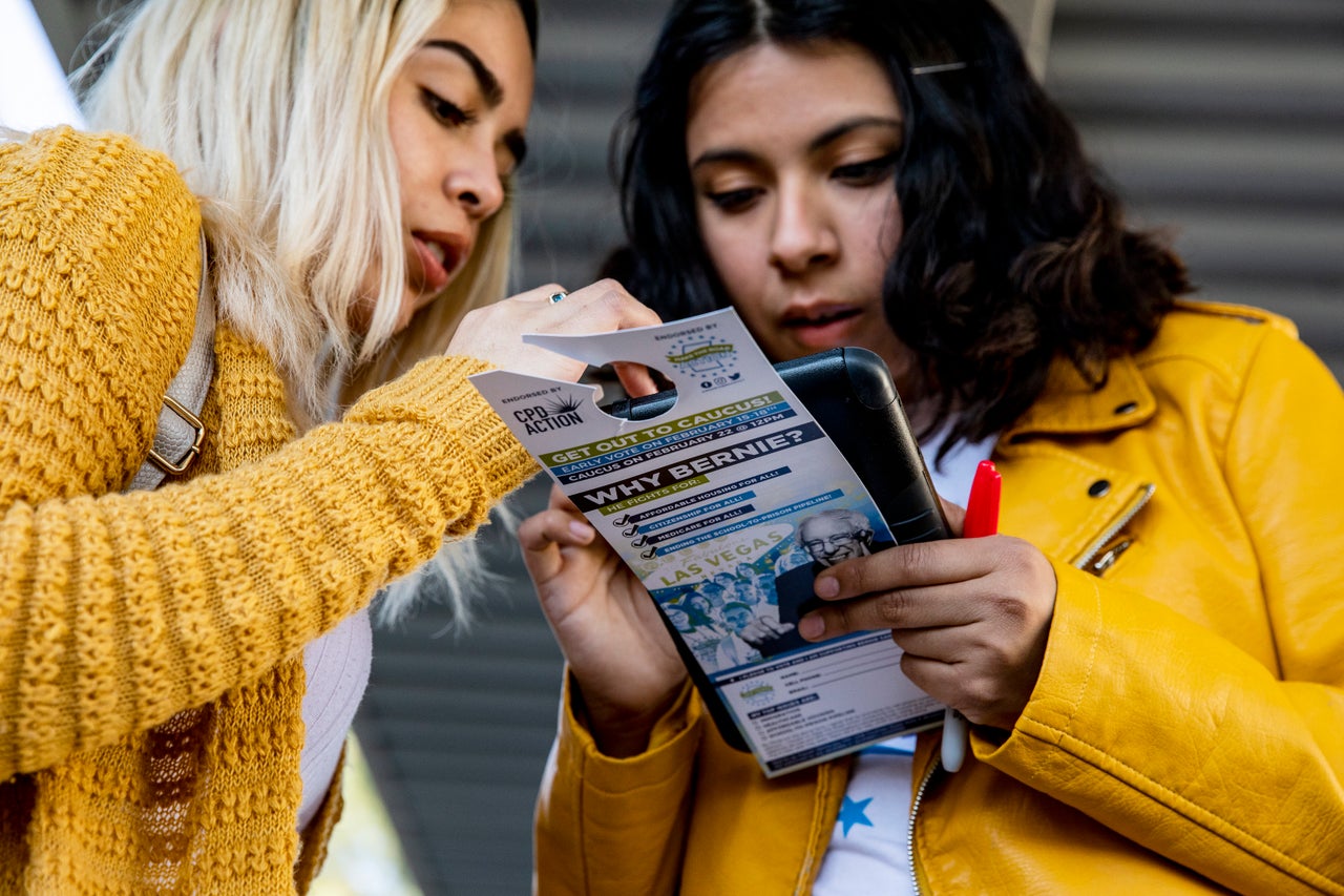 Jenny Ordaz and Salma Garcia Hernandez canvass for Bernie Sanders in East Las Vegas. Sanders has attracted strong support from young Latina and Latino voters.