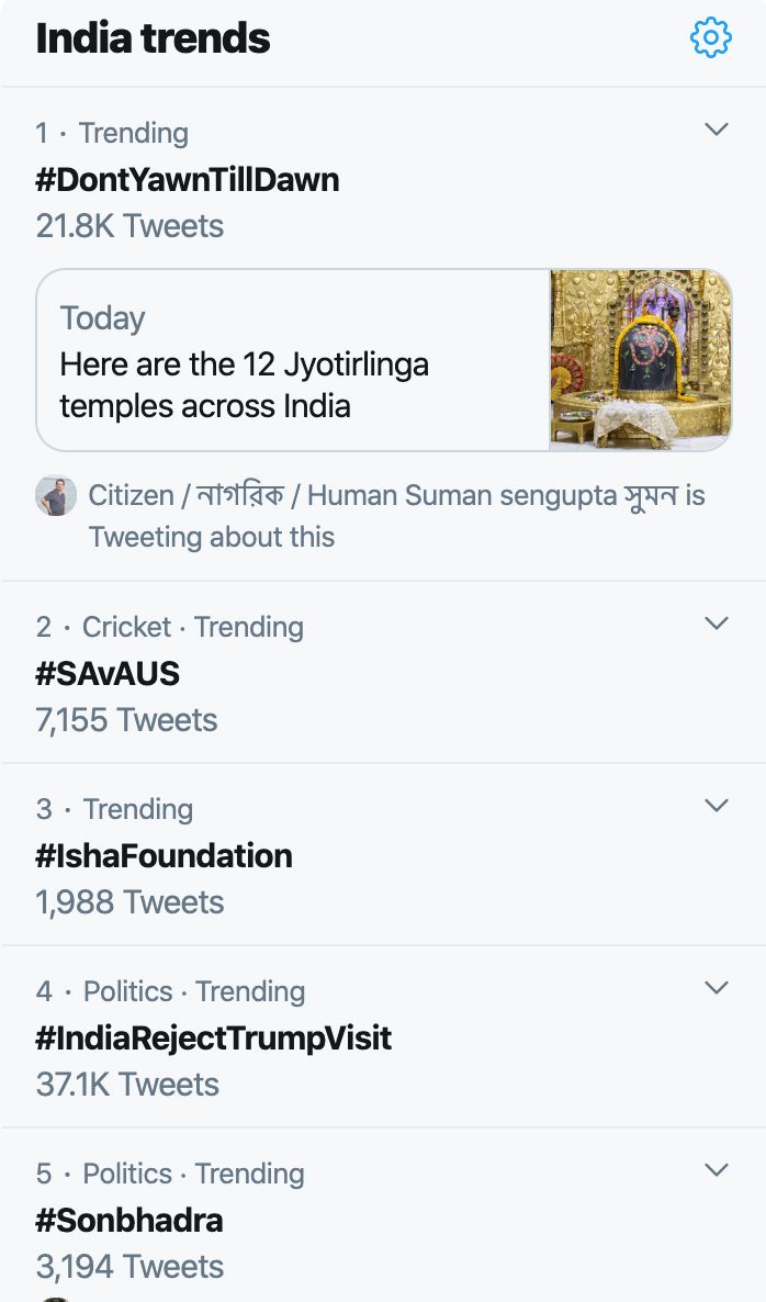 The hashtag #IndiarejectsTrumpVisit though got 37.1Ktweets, it was placed at number four in India trends list much below the trends which had less tweets.