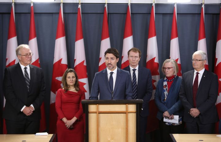 Prime Minister Justin Trudeau holds a news conference with members of his cabinet to discuss the current rail blockades and other topics at a news conference in Ottawa on Feb. 21, 2020.