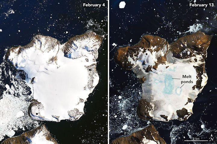 Antarctica's Eagle Island on Feb. 4, left, and Feb. 13.
