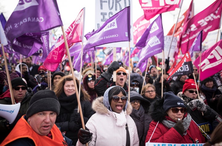Members of the Ontario Federation of Labour protest outside Ontario Progressive Conservative party 2020 policy convention in Niagara Falls, Ont. on Feb. 22, 2020.