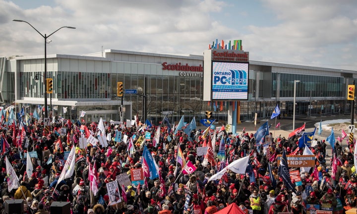 Members of the Ontario Federation of Labour protest outside Ontario Progressive Conservative party 2020 policy convention in Niagara Falls, Ont. on Feb. 22, 2020.