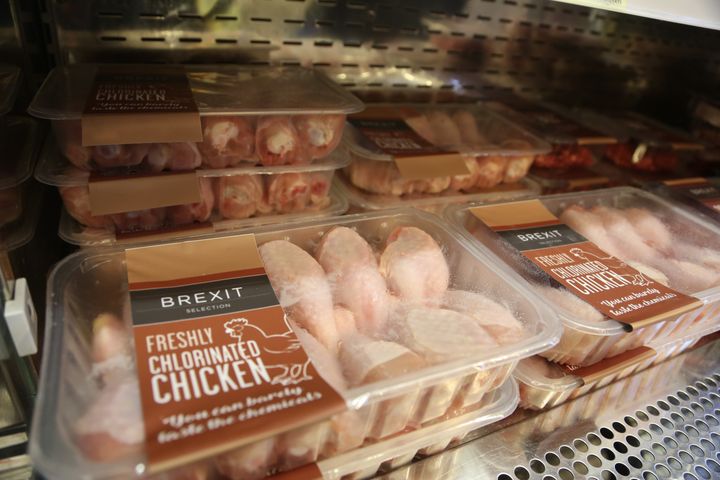 Packs of 'Brexit Selection Freshly Chlorinated Chicken' sit on display at 'Costupper' Brexit Minimart pop-up store, set up by the People's Vote campaign group in 2018. 