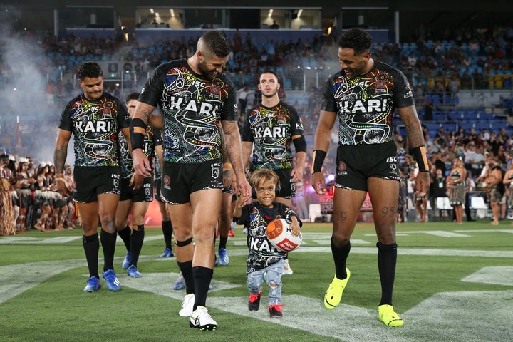  Quaden Bayles runs onto the field before the NRL match between the Indigenous All-Stars and the New Zealand Maori Kiwis All-Stars at Cbus Super Stadium on February 22, 2020 on the Gold Coast, Australia. 