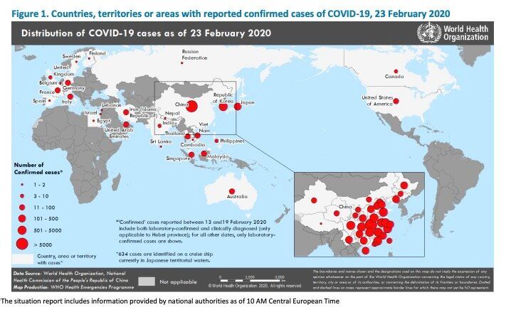 新型コロナウイルスの各地域の感染数WHOより https://www.who.int/docs/default-source/coronaviruse/situation-reports/20200223-sitrep-34-covid-19.pdf