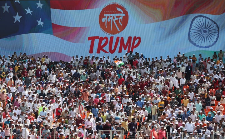 More than 100,000 people attend the 'Namaste Trump' event at Sardar Patel Stadium in Ahmedabad, India on Monday.