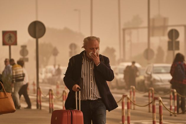 A passenger covers his nose and mouth in a cloud of red dust at the airport in Santa Cruz de Tenerife.