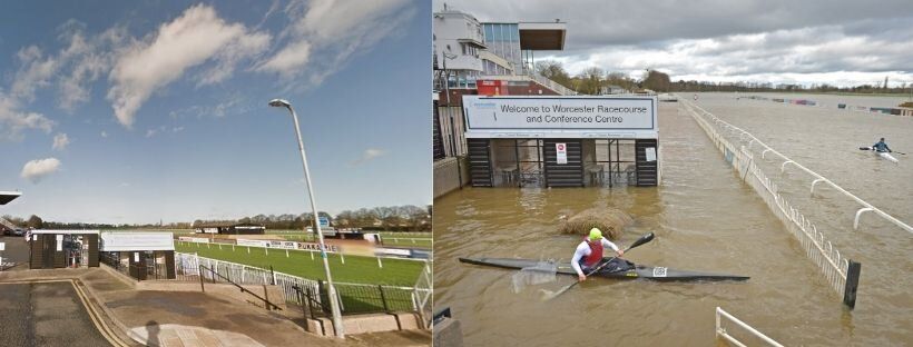 Worcester Racecourse as it normally appears (left), and the scene on February 23.