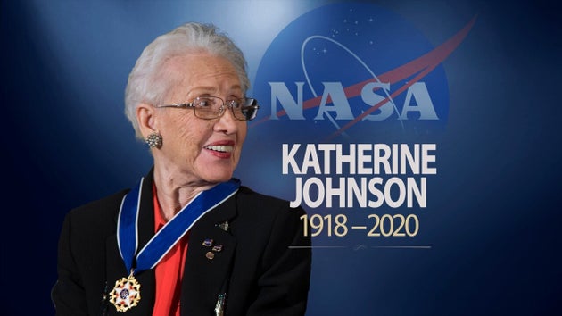 KATHERINE JOHNSON, mathematician, after receiving the Presidential Medal of Freedom from President Obama in 2015, on texture with 1918-2020 lettering, finished graphic