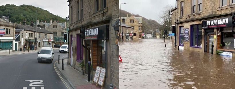 West End, Hebden Bridge, West Yorkshire on a normal day, versus on February 9, 2020