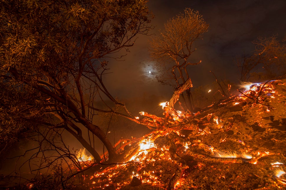Flames spread on a moonlit night at the La Tuna Fire on Sept. 2, 2017 near Burbank, California. 