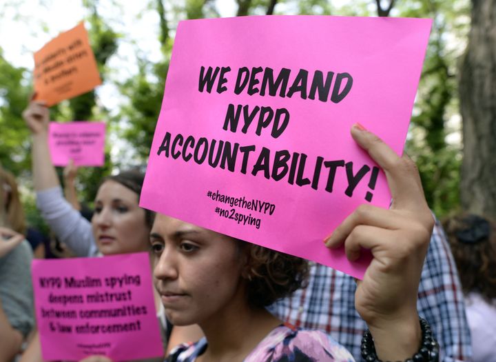 Demonstrators outside One Police Plaza in New York City on June 18, 2013. 