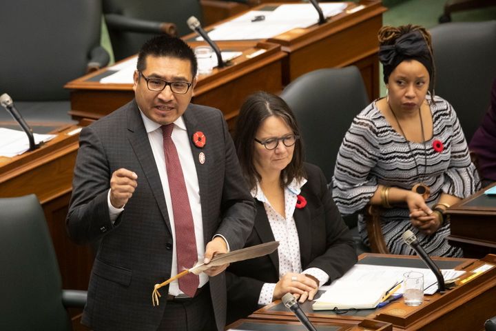 NDP MPP Sol Mamakwa stands in the Ontario legislature in Toronto on Nov. 6, 2019. 