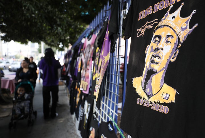 Memorabilia is sold outside the "Celebration of Life for Kobe and Gianna Bryant" on Monday at Staples Center in Los Angeles.