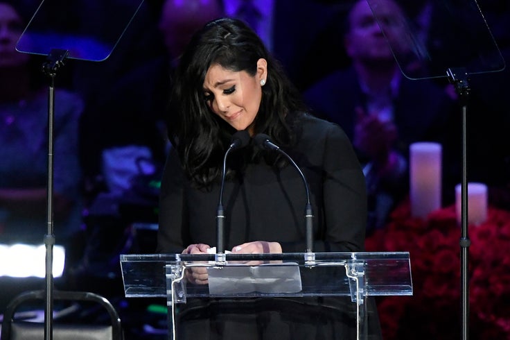 Vanessa Bryant talks about her late husband and daughter Gianna during the memorial Monday in Los Angeles.