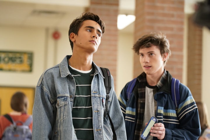 Michael Cimino (left) and Anthony Turpel in "Love, Victor," due out on Hulu in June.