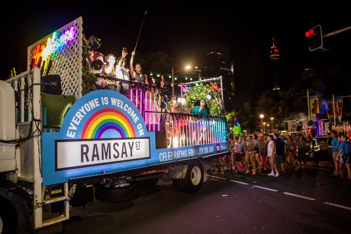 Neighbours cast dance away on their own Ramsay street float during the 2019 Sydney Gay & Lesbian Mardi Gras Parade on March 02, 2019 in Sydney, Australia. The Sydney Mardi Gras parade began in 1978 as a march and commemoration of the 1969 Stonewall Riots of New York. It is an annual event promoting awareness of gay, lesbian, bisexual and transgender issues and themes. (El Pics/ Getty Images)