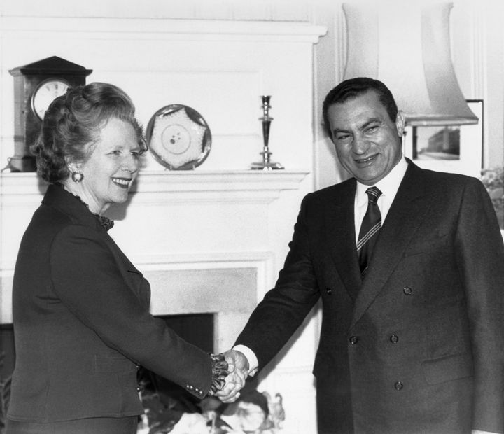 Premier Margaret Thatcher greets Egyptian President Hosni Mubarak at No. 10 Downing Street, London on March 14, 1985. 