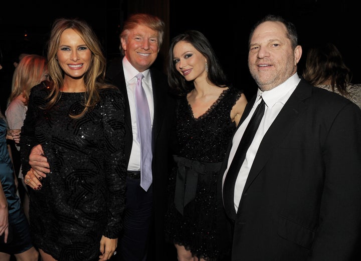 From left: Melania Trump, Donald Trump, Georgina Chapman and Harvey Weinstein attend the after-party of the New York premiere of "NINE" at the M2 Ultra Lounge in December 2009 in New York City.