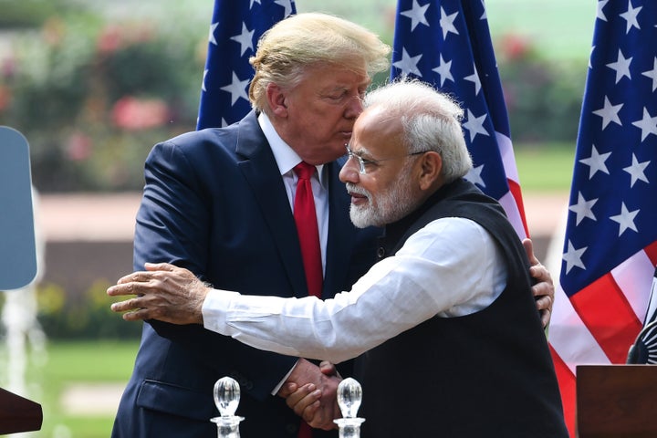 US President Donald Trump shakes hands with Prime Minister Narendra Modi during a joint press conference at Hyderabad House in New Delhi on February 25, 2020.