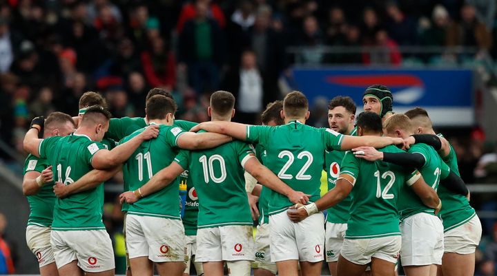 Ireland players form a huddle at the end of the Six Nations international rugby union match between England and Ireland at Twickenham stadium in London on Sunday.